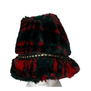 Vintage Red Green Black Tartan Plaid Faux Fur Fedora Hat Size M 1960s 1970s